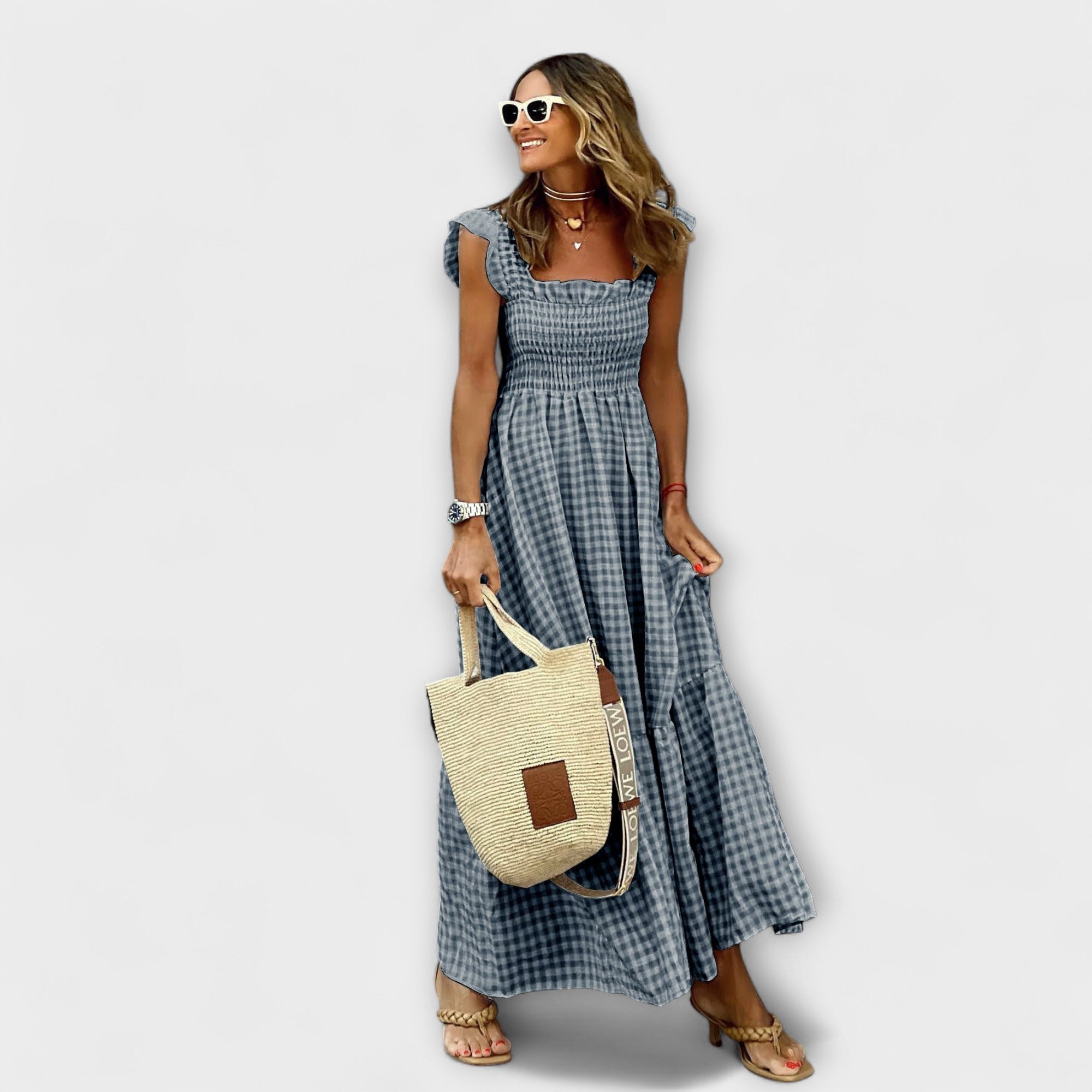 Dalibora ™ ｜Kárované maxikleid s volánovými rukávmi
